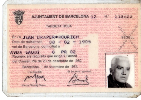 Joan Draper. Ámbito social, Carnet de jubilado Ayuntamiento BCN, 1981